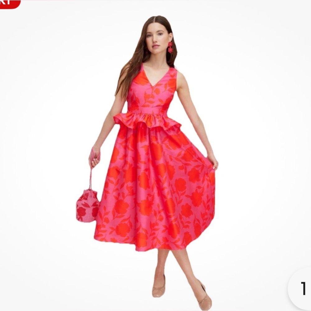 NWT KATE SPADE Target Rose Peplum Pink Red  Lined Midi Dress W/ Pockets NY Sz 17